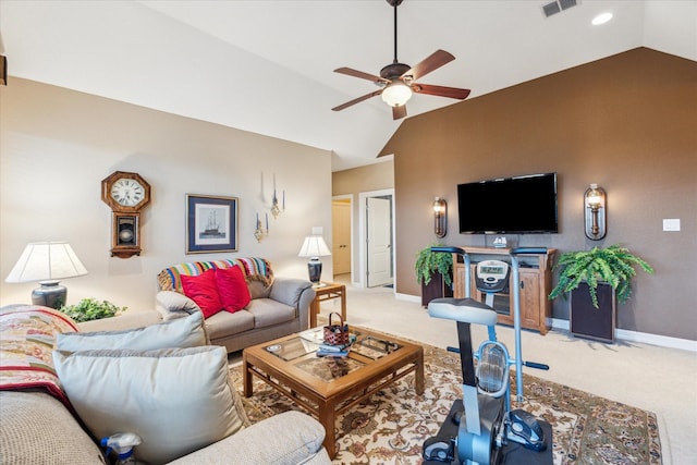 living room with visible vents, baseboards, a ceiling fan, light colored carpet, and vaulted ceiling