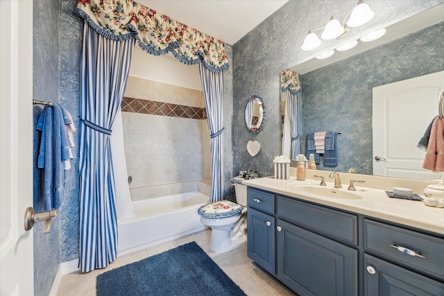 bathroom featuring shower / tub combo, wallpapered walls, toilet, tile patterned flooring, and vanity