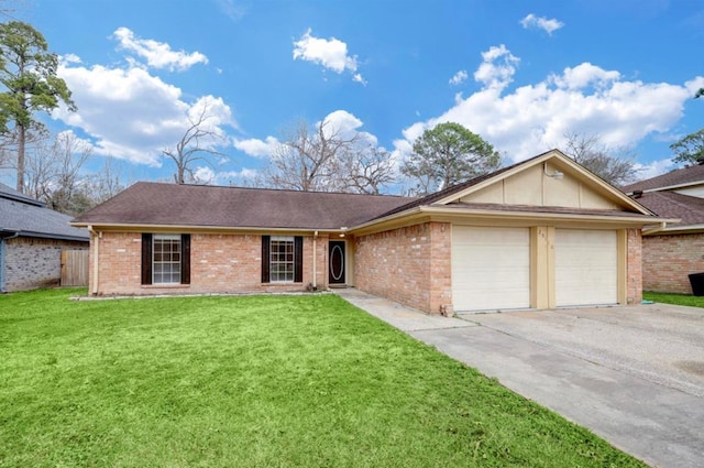 ranch-style home with brick siding, a shingled roof, concrete driveway, a front yard, and an attached garage