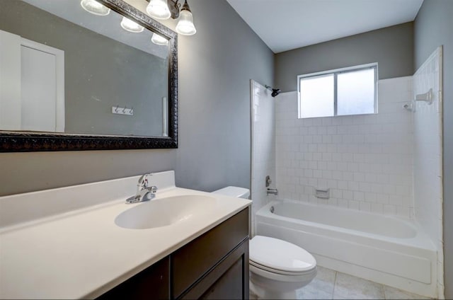 bathroom with vanity,  shower combination, toilet, and tile patterned floors