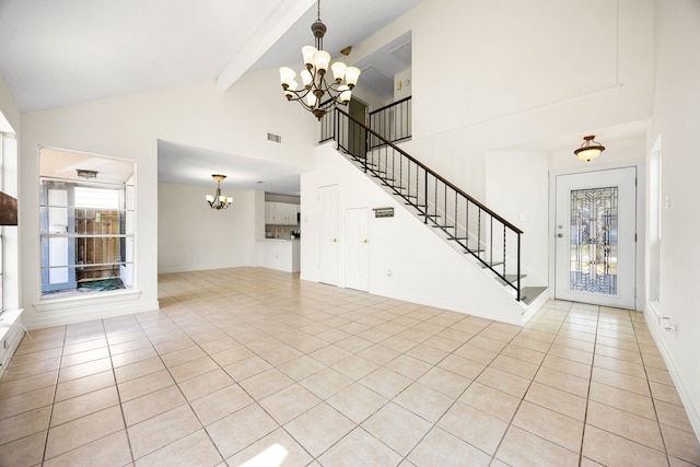 unfurnished living room with visible vents, stairway, beamed ceiling, an inviting chandelier, and light tile patterned flooring