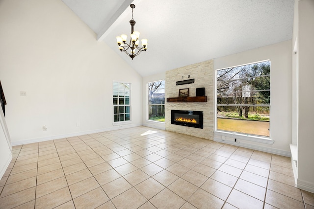 unfurnished living room featuring light tile patterned floors, an inviting chandelier, a fireplace, high vaulted ceiling, and beam ceiling