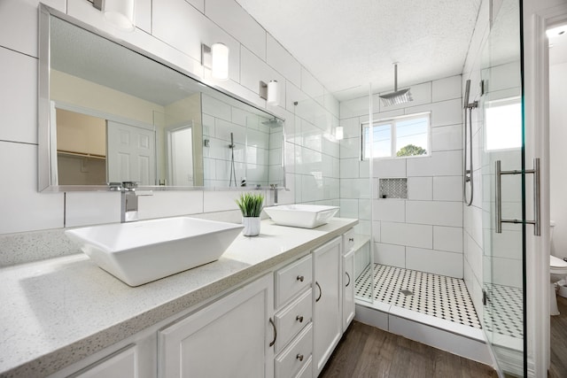 bathroom with a stall shower, a sink, and toilet