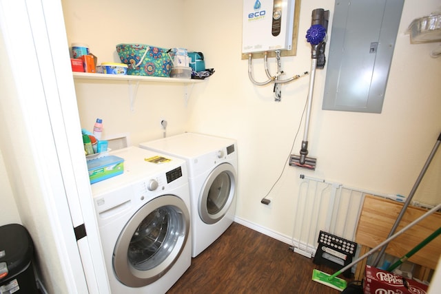 laundry room with laundry area, dark wood-type flooring, water heater, electric panel, and washing machine and clothes dryer