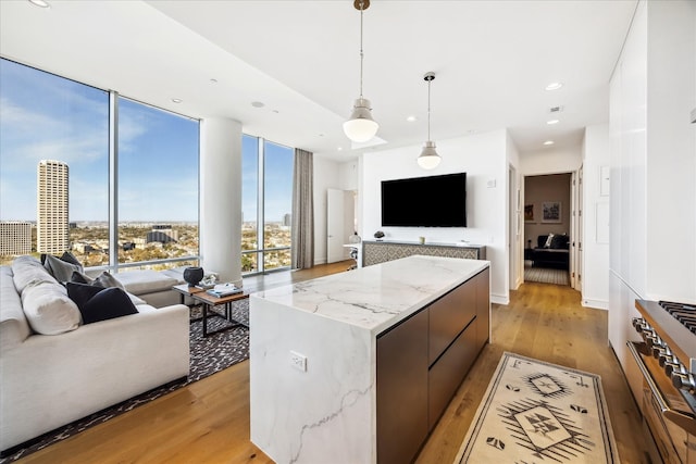 kitchen featuring open floor plan, light wood finished floors, and stainless steel stove