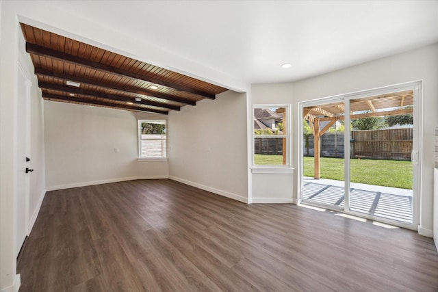 unfurnished room with dark wood-style floors, wooden ceiling, beam ceiling, and baseboards