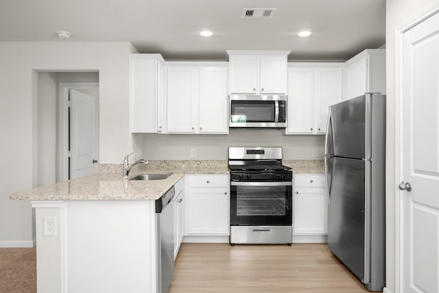 kitchen featuring stainless steel appliances, a peninsula, a sink, visible vents, and white cabinets