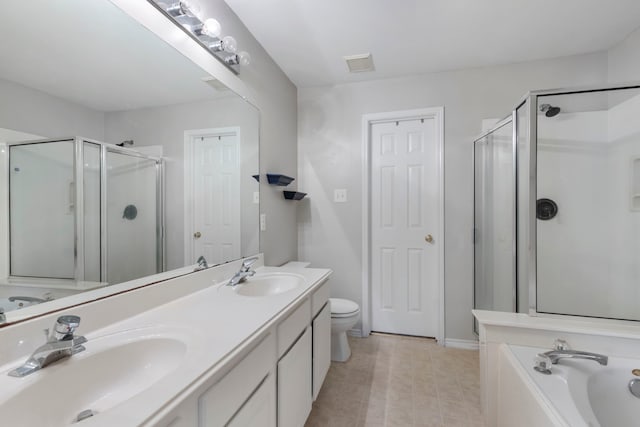 full bathroom with a garden tub, a sink, and a shower stall