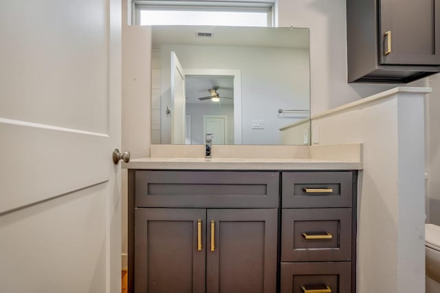 bathroom with toilet, visible vents, a ceiling fan, and vanity