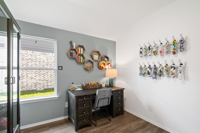 21743 Steam Side Ct, New Caney, TX 77357 - office area featuring baseboards and wood finished floors