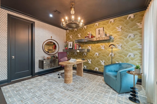 interior space with wallpapered walls, baseboards, visible vents, ornamental molding, and a chandelier