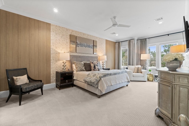 bedroom with light carpet, visible vents, baseboards, and wallpapered walls