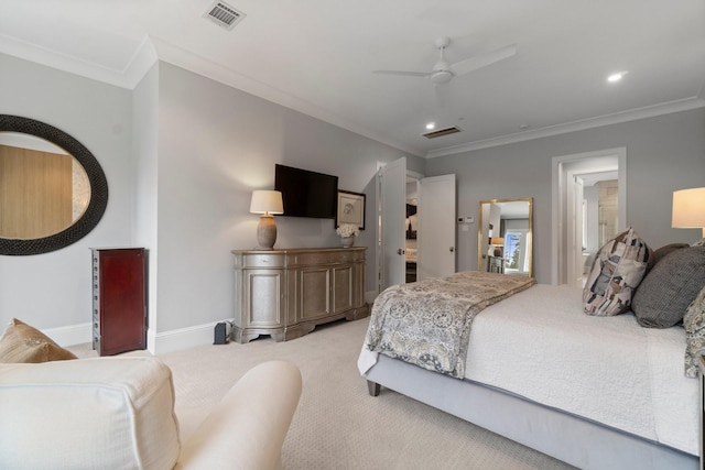 bedroom featuring carpet floors, ornamental molding, and visible vents