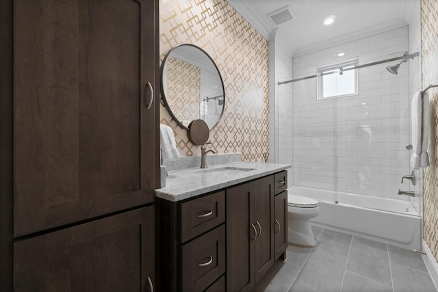 full bathroom with visible vents, wallpapered walls, toilet, vanity, and tile patterned floors