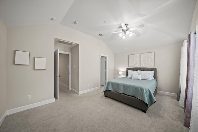 bedroom featuring carpet floors, lofted ceiling, visible vents, a ceiling fan, and baseboards