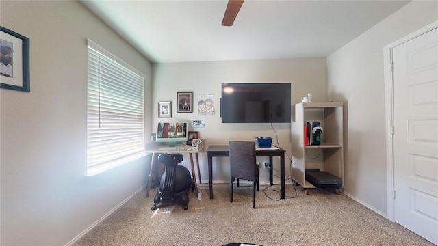 carpeted home office with ceiling fan and baseboards