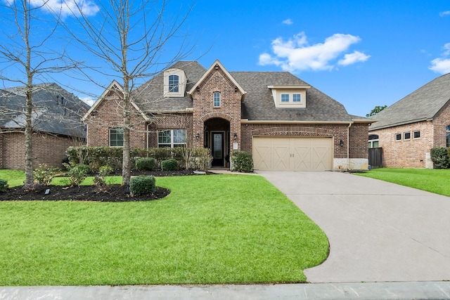 view of front of house featuring roof with shingles, brick siding, a front lawn, and concrete driveway