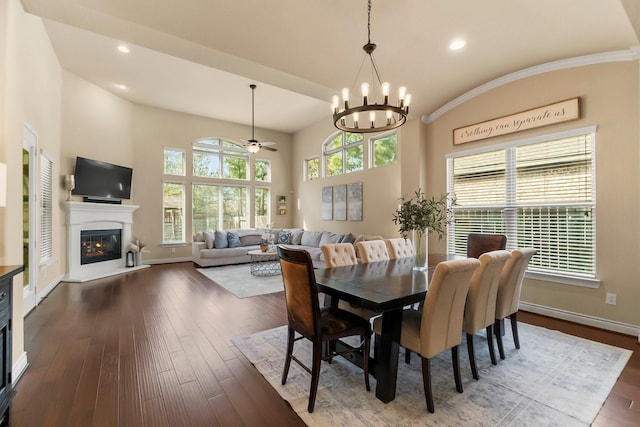 dining area with plenty of natural light, a glass covered fireplace, dark wood finished floors, and baseboards