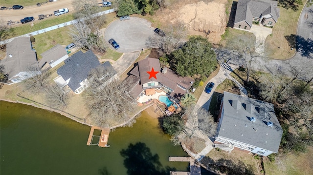 drone / aerial view featuring a water view