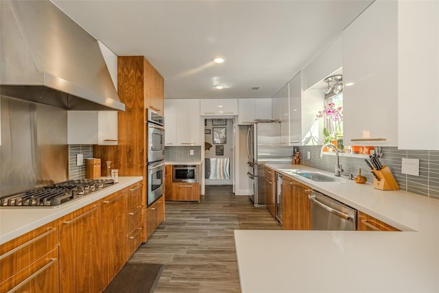 kitchen featuring wall chimney exhaust hood, modern cabinets, stainless steel appliances, white cabinetry, and a sink