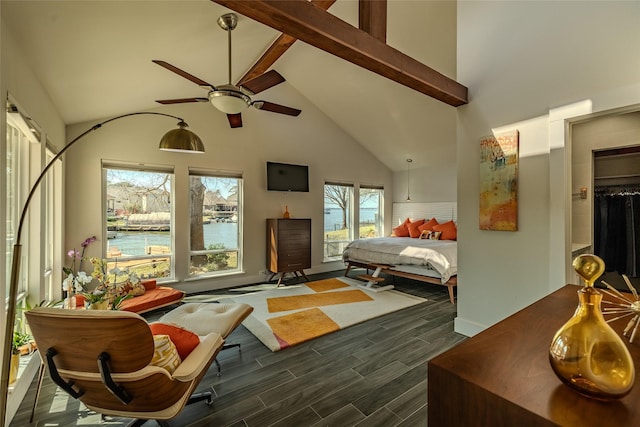 bedroom with beamed ceiling, wood finish floors, high vaulted ceiling, and a ceiling fan