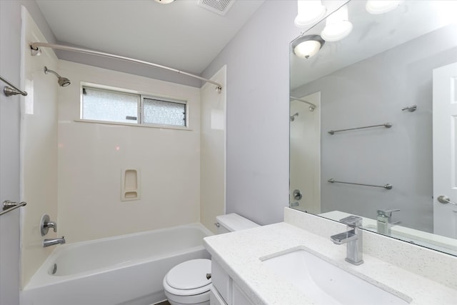 bathroom with  shower combination, visible vents, vanity, and toilet