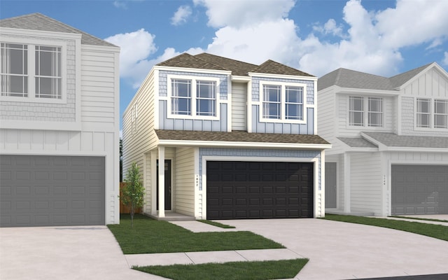 view of front of house with an attached garage, concrete driveway, board and batten siding, and roof with shingles