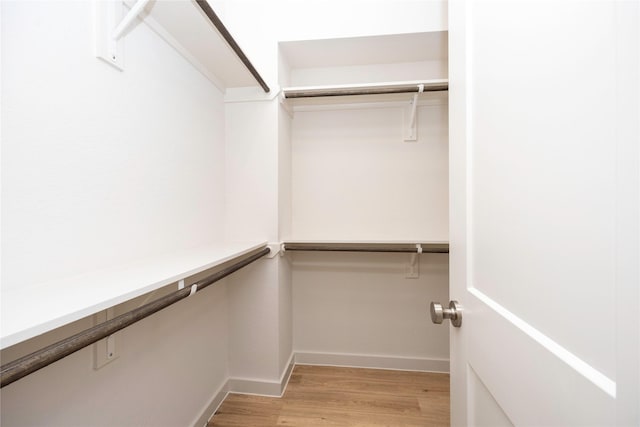 walk in closet with light wood finished floors