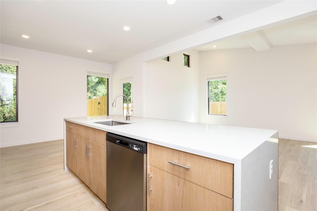 kitchen with a sink, a wealth of natural light, visible vents, and stainless steel dishwasher