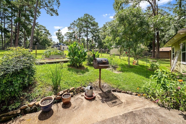 view of yard featuring a vegetable garden, a patio area, and fence