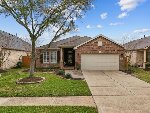 ranch-style home featuring a garage, brick siding, concrete driveway, and a front lawn