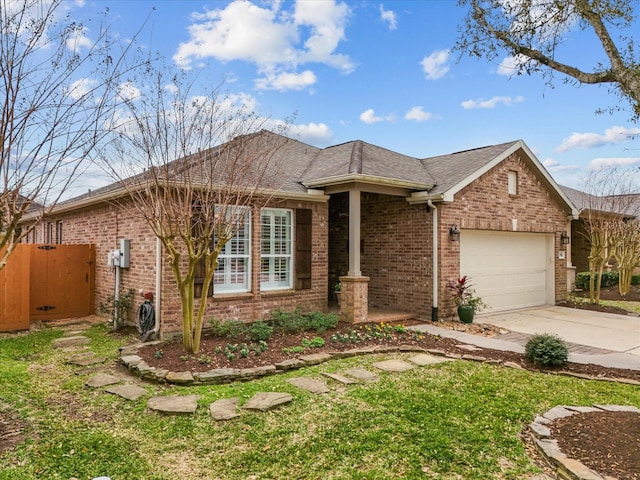 ranch-style house featuring brick siding, driveway, a shingled roof, and a garage