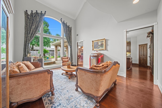 living area featuring crown molding, baseboards, recessed lighting, high vaulted ceiling, and dark wood-style flooring