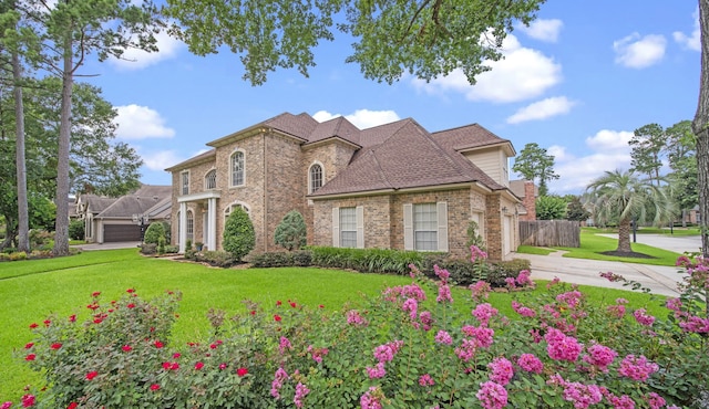 view of front of house featuring brick siding, driveway, and a front yard