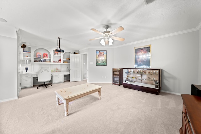 office area featuring baseboards, carpet, and ornamental molding