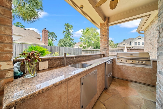 view of patio / terrace featuring area for grilling, a sink, a fenced backyard, exterior kitchen, and ceiling fan