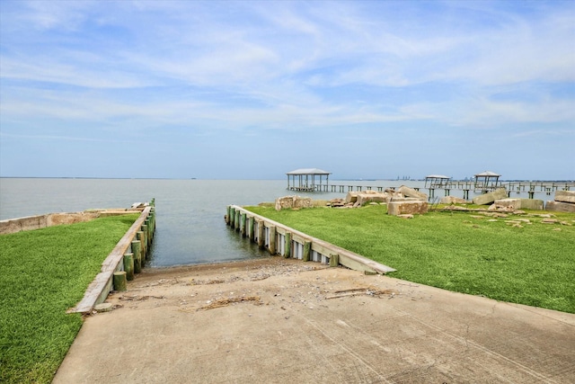 view of dock with a pier and a water view