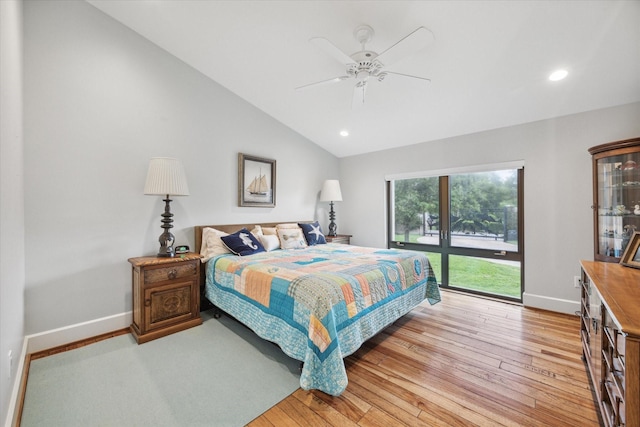 bedroom featuring recessed lighting, light wood-style flooring, vaulted ceiling, ceiling fan, and baseboards