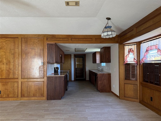 kitchen featuring lofted ceiling, light wood-style flooring, visible vents, and a sink