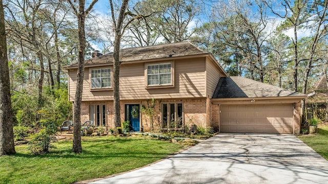 colonial house with brick siding, a chimney, concrete driveway, a garage, and a front lawn