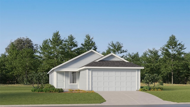 view of front of home featuring a front yard, roof with shingles, driveway, and an attached garage