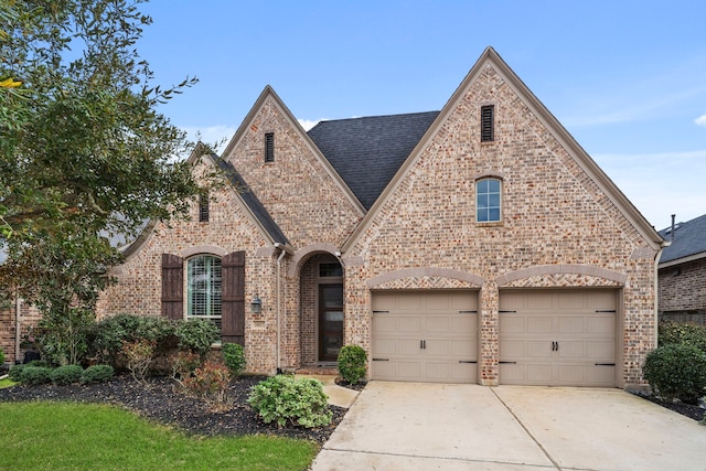 view of front of property with driveway, brick siding, roof with shingles, and an attached garage