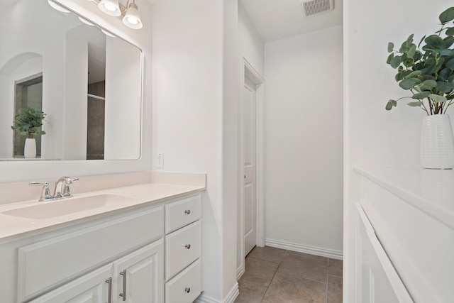 full bathroom with tile patterned flooring, visible vents, baseboards, and vanity