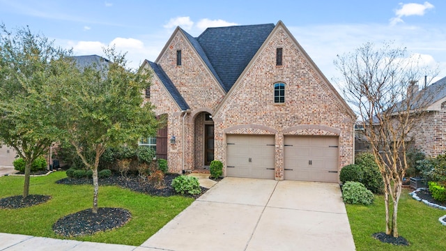 tudor home featuring concrete driveway, brick siding, a front lawn, and roof with shingles