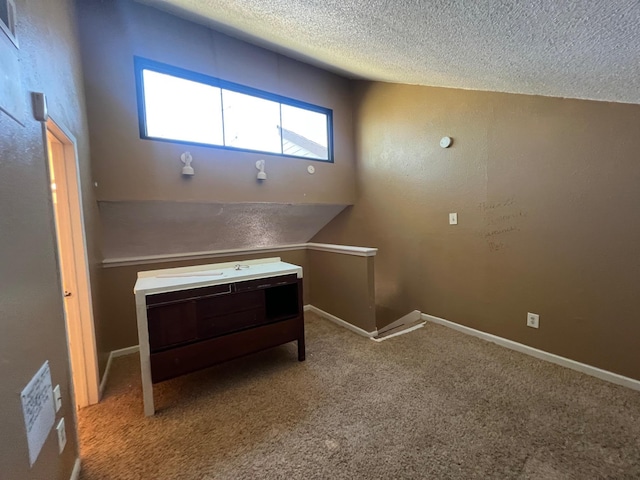 washroom with a textured ceiling, baseboards, and carpet flooring