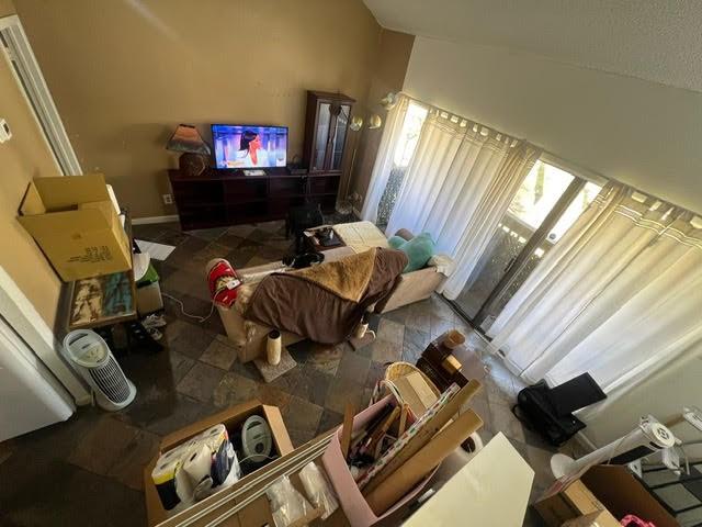 living area featuring lofted ceiling and baseboards