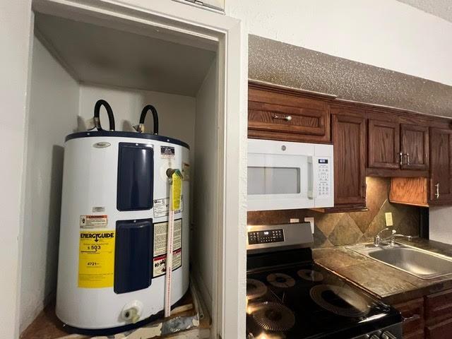 kitchen with electric range, tasteful backsplash, white microwave, electric water heater, and a sink