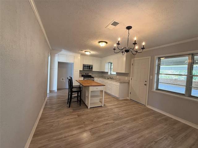 kitchen featuring butcher block counters, visible vents, stainless steel appliances, and wood finished floors