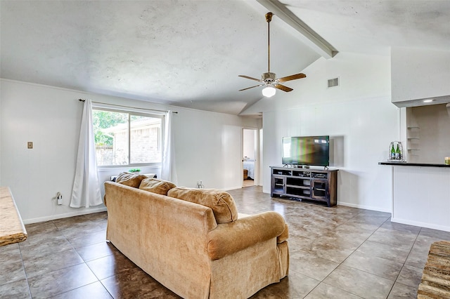 tiled living room with beam ceiling, visible vents, a ceiling fan, high vaulted ceiling, and baseboards