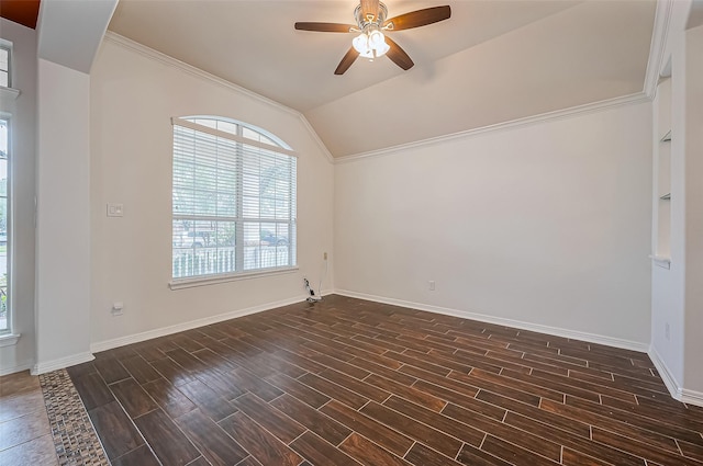 10714 Barker Lake Ct, Cypress, TX 77433 - empty room with ceiling fan, dark wood-style floors, vaulted ceiling, baseboards, and ornamental molding